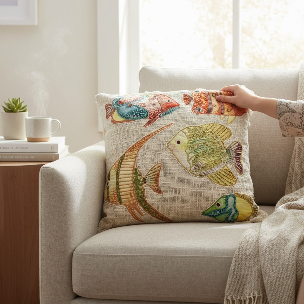 Imperial Collection Throw Pillow Unisex OS Cream NWOT Beaded Tropical Fish